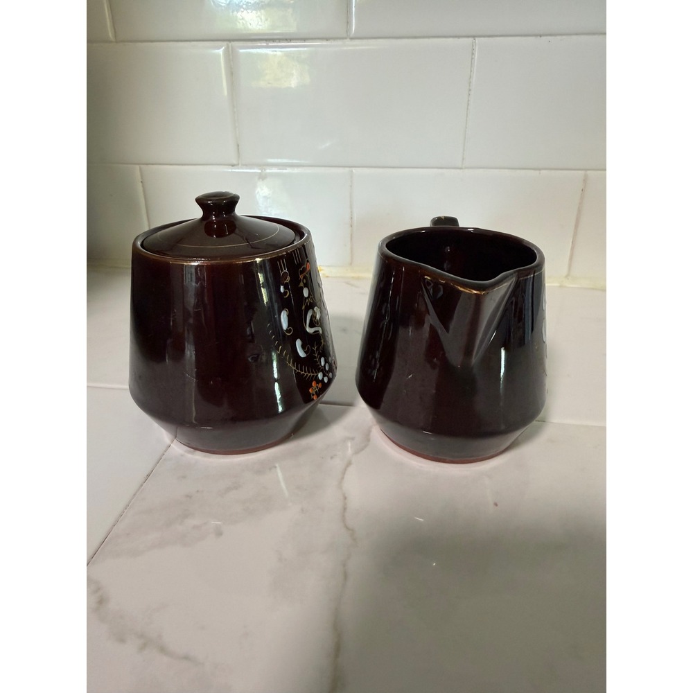 Vintage Brown Betty Red ware Sugar Bowl and Creamer Set Mid Century Folk Art - Picture 3 of 8